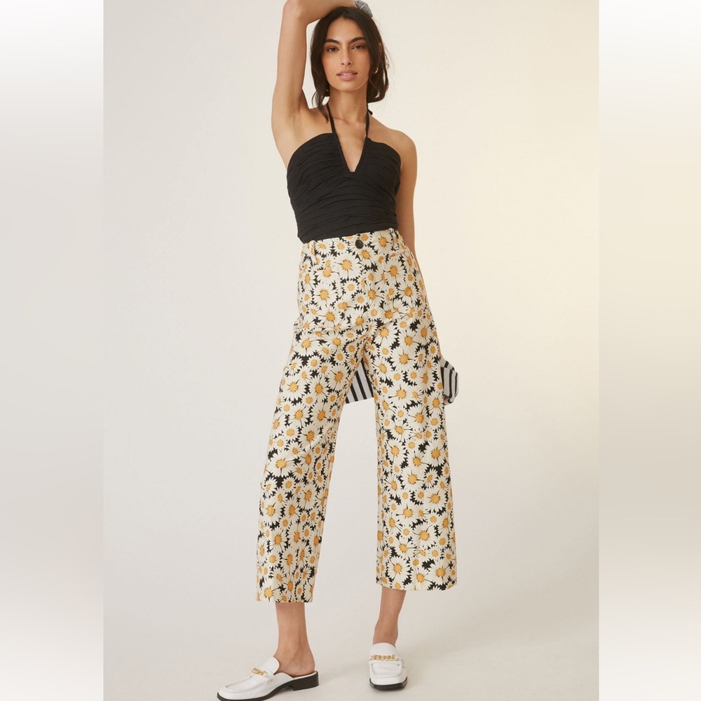 Anthropologie Maeve Colette Cropped Wide-Leg Pants in Yellow Motif